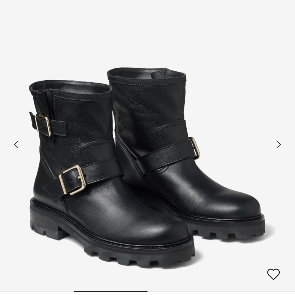 Jimmy Choo Black Smooth Leather Biker Boots with Gold Buckles YOUTH II